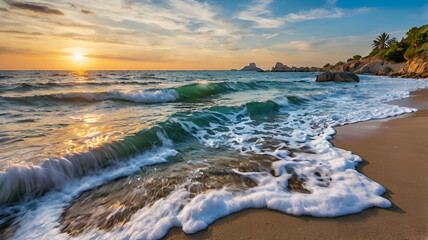 Beautiful beach and sea. Summer seascape beautiful waves, blue sea water in sunny day. Ai generative