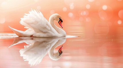 Image: A graceful swan with elegant feathers, standing by the water's edge, surrounded by swans and other birds in a serene lake setting