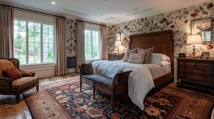 Elegant traditional bedroom interior with floral wallpaper and classic furniture design highlights a cozy and inviting space for rest and relaxation. 