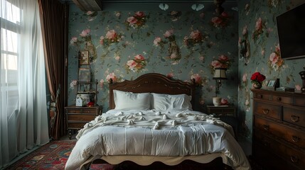 Elegant vintage bedroom with floral wallpaper and classic wooden furniture under soft natural lighting, available for purchase in high resolution. 