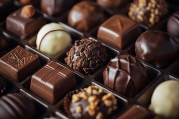 Black, white and milk chocolates of various textures in the assortment. Close-up of chocolates.