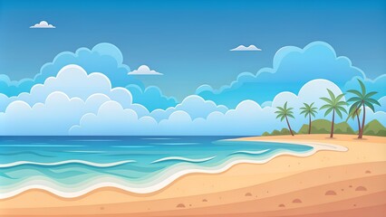 Fototapeta premium Serene Tropical Beach with Palm Trees and Gentle Waves under a Clear Blue Sky