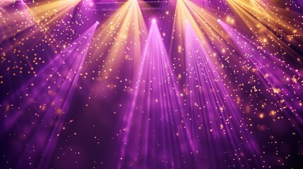 Fototapeta premium Illuminated stage with dramatic purple and gold lighting and spotlights, ideal for performances or events presentation