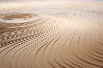 Close up view of a swirling sand pattern on a beach at sunset.