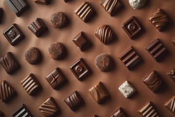 Top view of assorted chocolates with intricate designs and exquisite textures on brown background