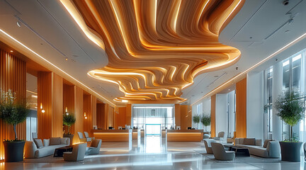 A perspective angle of a hotel common area, showcasing a spacious design with an emphasis on the ceiling made of large wooden panels. Generative AI.