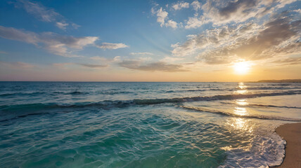 Beautiful beach and sea. Summer seascape beautiful waves, blue sea water in sunny day. Ai generative