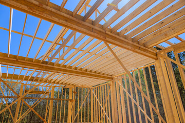 Ceiling rafter framework beams were installed during construction of new house