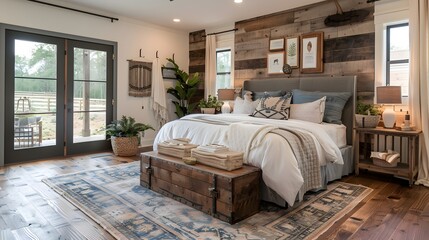 Cozy rustic bedroom interior with a comfortable bed, wooden accents, and modern amenities, inviting relaxation and comfort. 