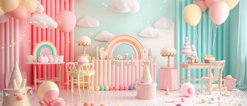Whimsical pastel-themed birthday party setup with balloons, clouds, and a rainbow backdrop perfect for a celebratory gathering.