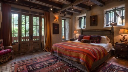 Cozy rustic bedroom with a colorful bedspread, wooden beams, and a view to the greenery outside. 