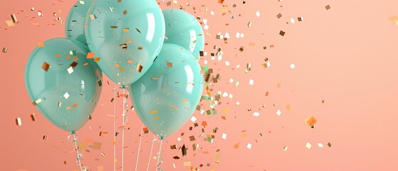 Light mint pastel balloons and golden confetti on a pale coral background