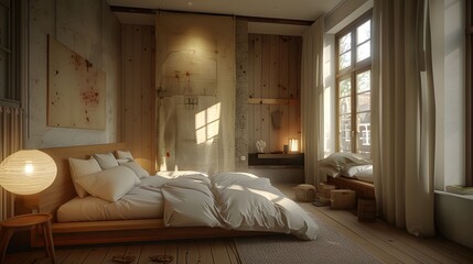 Cozy modern bedroom interior with natural light and simplistic design at dusk 