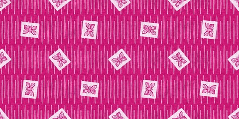 Modern pretty buttefly summer abstract shape magenta pink color seamless border pattern with cloth fabric linen effect. Vibrant fresh childish design for drawn bug textile ribbon trim or washi tape