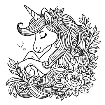 A black and white drawing of a unicorn coloring page design colours drawing graphic eyecatching accessible unique.