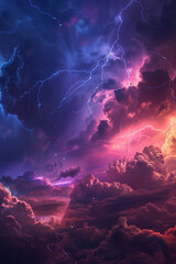 dark night sky filled with lightning illuminating colorful storm clouds, dramatic and vibrant, vertical monitor