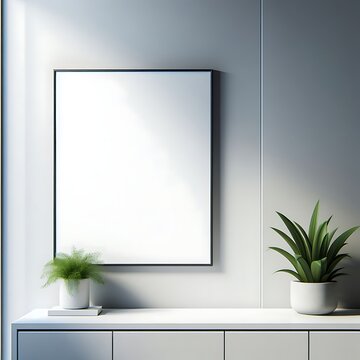 A white cabinet with a picture frame decoration and a plant on it.