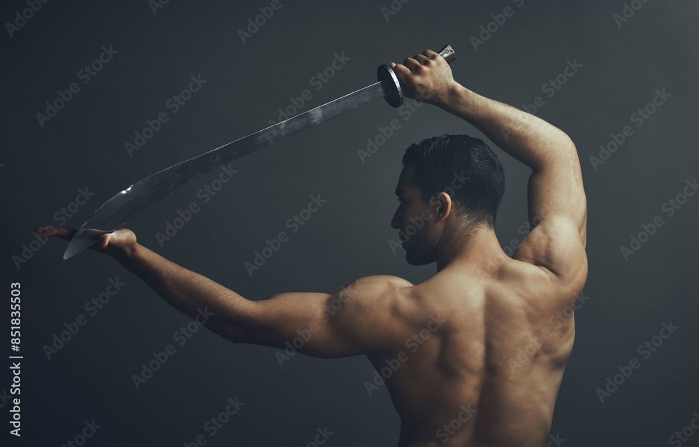 Poster Back view, ninja and samurai sword in studio for training, wellness and fitness with martial arts. Blade, exercise and warrior by black background for karate, fight and battle for dojo in Japan