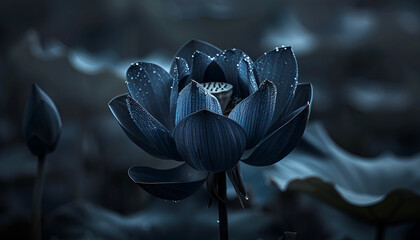 Black lotus flower in dark banner. Natural beauty art flora light