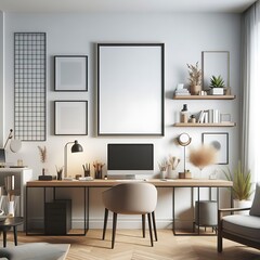A working room there is an poster empty white with a computer desk and chair and A chair and poster mockup highquality engaging highquality optimized Vibrant creative.