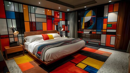 A modern bedroom with vibrant, abstract art on the walls and a colorful area rug complementing the contemporary decor style. 