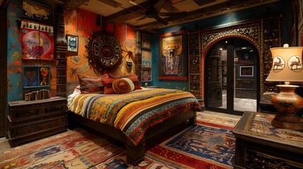 Colorful bohemian style bedroom with eclectic decor and patterns showcasing cultural art and textiles 