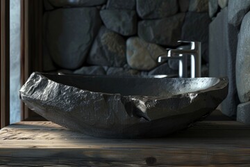 Sink made of dark stone on the background of dark grey tiles. Minimalist bathroom interior design