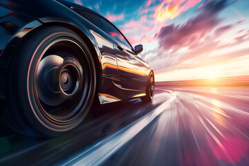 A black car driving on the road with a motion blurred background, a closeup of the wheels and vehicle moving fast in the city during sunset
