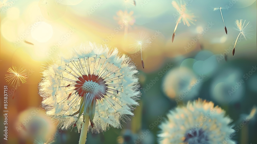 Poster Dandelion seeds blowing with blurred background. Generative AI.