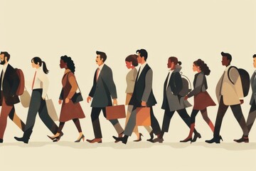 Businesspeople walking together on the beige background. Team of businesspeople