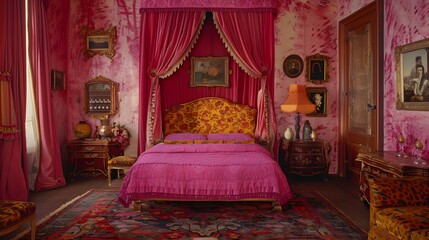 Luxurious vintage bedroom with rich pink tones and antique furniture for a regal aesthetic.