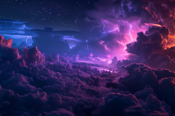 starry night sky with vibrant lightning illuminating dramatic storm clouds, intense and colorful scene, monitor