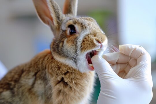 A veterinarian examines the teeth of a brown rabbit, emphasizing pet healthcare. Close-up shot with focus on the rabbit and gloved hand.