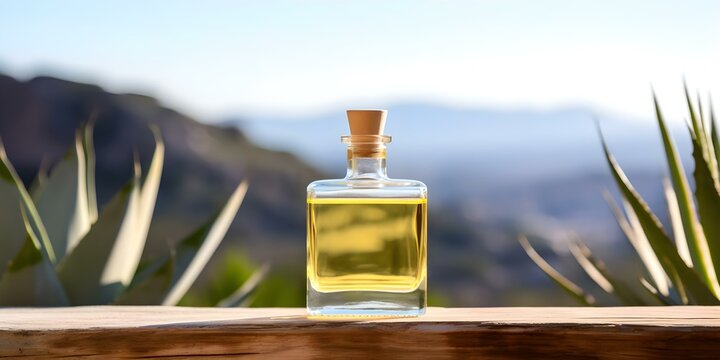 Tequila bottle displayed on wooden board outdoors with agave plant in background. Concept Tequila, Bottle Photography, Outdoor Setting, Wood Background, Agave Plant