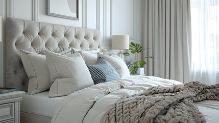 Elegant and cozy bedroom interior with a plush bed and neutral color palette perfect for a modern home design concept. 