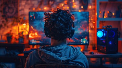 Fototapeta premium Man with headphones sits in front of a computer screen, deeply immersed in a video game. The room is filled with colorful neon lights, creating a vibrant and engaging gaming environment.