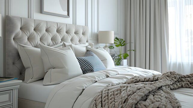 Elegant and cozy bedroom interior with a plush bed and neutral color palette perfect for a modern home design concept. 