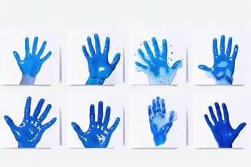 Fototapeta premium Collection of handprints in vibrant blue paint on white background, showcasing various patterns and textures in a creative display of art.