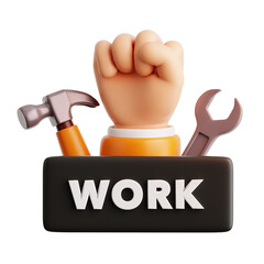 bump fist hand rise with hammer and wrench for labor worker day protest and campaign logo badge 3d icon illustration render design