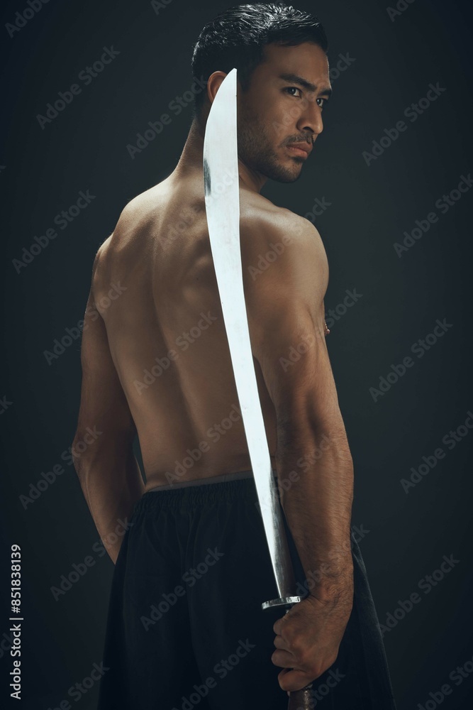 Poster Samurai sword, man and back in studio for martial arts, training and fitness for tradition or dojo. Blade, wellness and ninja or warrior by black background for battle, fight and karate in Japan