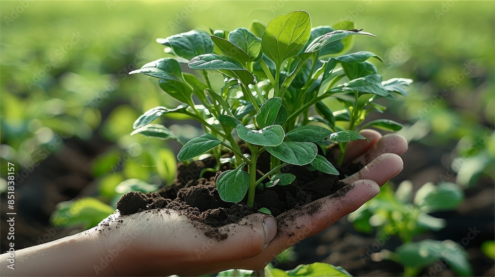 Poster a hand hold dark moist soil with water spinach on it, orchard background. generative ai.