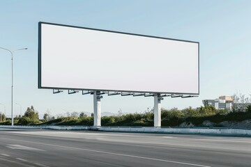 Obraz premium Large blank billboard on side of highway, clear sky background, ideal for advertising or promotional content. Space for custom design or message.