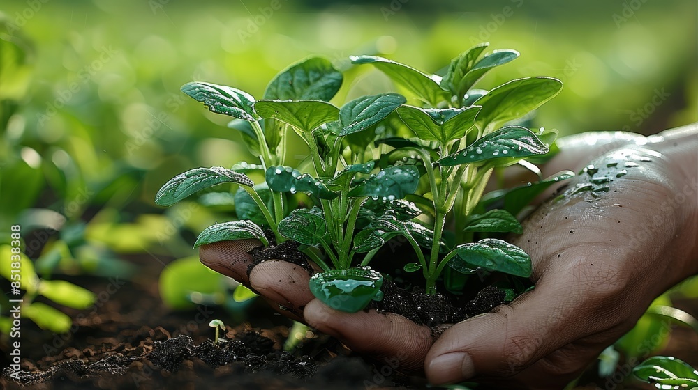 Poster a hand hold dark moist soil with water spinach on it, orchard background. generative ai.