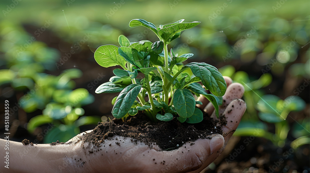 Poster a hand hold dark moist soil with water spinach on it, orchard background. generative ai.