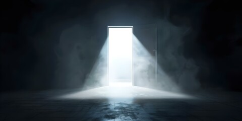 Illuminated open door in dark smoky basement setting. Concept Horror Photography, Eerie Lighting, Mystery Atmosphere, Creepy Props, Obscure Setting