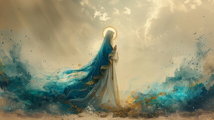Virgin Mary stands gracefully with a golden halo, draped in flowing blue and white robes. The luminous background and her serene posture evoke a sense of divine peace and spiritual purity.