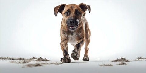 Plakat Dog with dirty paws leaving tracks on white floor looks guilty. Concept Guilty Dog, Dirty Paw Prints, White Floor, Pet Mishaps, Playful Pets