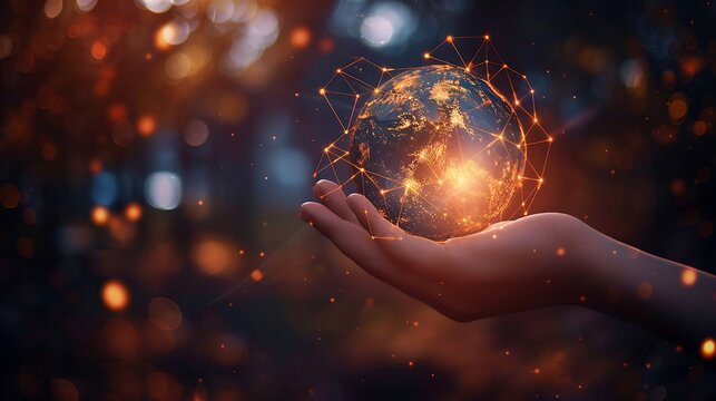 Hand Holding Glowing Network-Connected Earth with Bokeh Effect in Forest