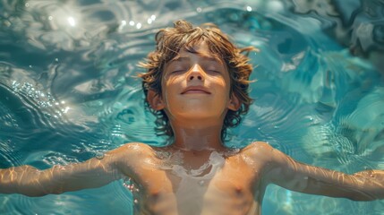 Young boy floats blissfully on his back in a pool, eyes closed and arms outstretched. The clear blue water reflects sunlight, creating a serene and carefree summer moment of pure relaxation and joy.