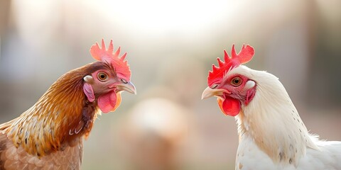 Fototapeta premium Brown rooster and chicken on a farm heading towards each other. Concept Farm animals, Rooster, Chicken, Nature, Wildlife